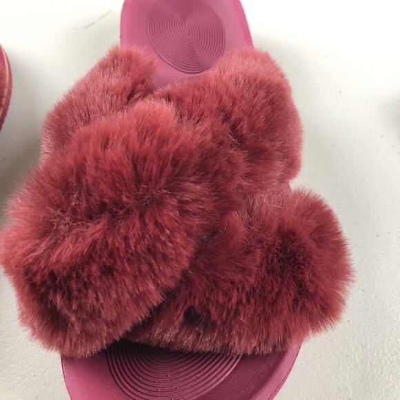 Coface burgundy faux fur open toe slippers 8 (39) - Picture 4 of 7
